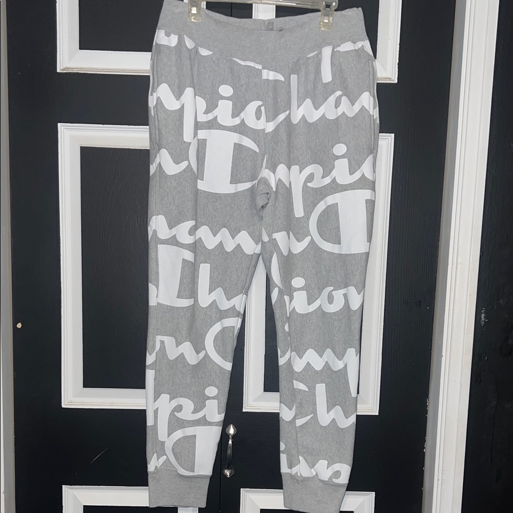 Champion Gray Joggers with Large White Logo Print- large